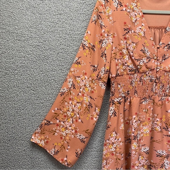Altar'd State Floral Smocked Waist V Neck Bell Sleeve Mini Dress Sz S - Picture 3 of 10